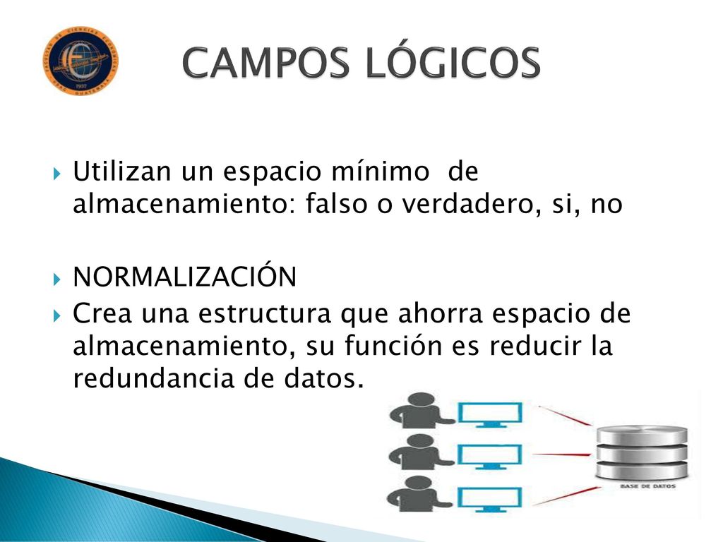 CAMPOS LÓGICOS Utilizan un espacio mínimo de almacenamiento: falso o verdadero, si, no. NORMALIZACIÓN.