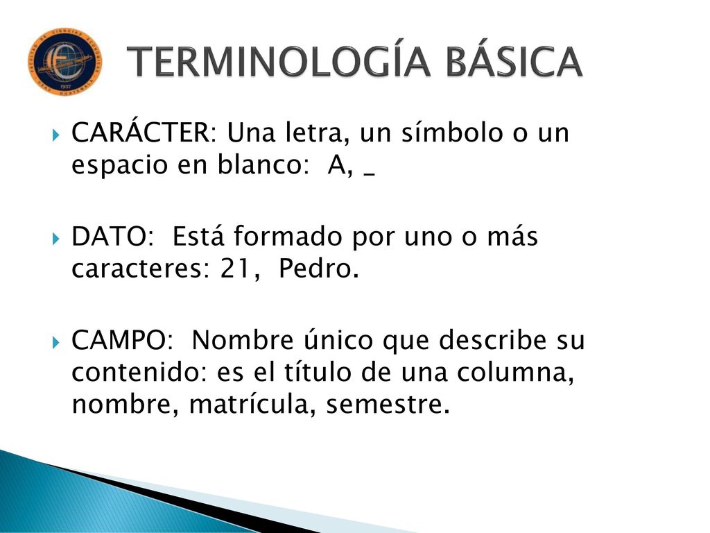 TERMINOLOGÍA BÁSICA CARÁCTER: Una letra, un símbolo o un espacio en blanco: A, _. DATO: Está formado por uno o más caracteres: 21, Pedro.