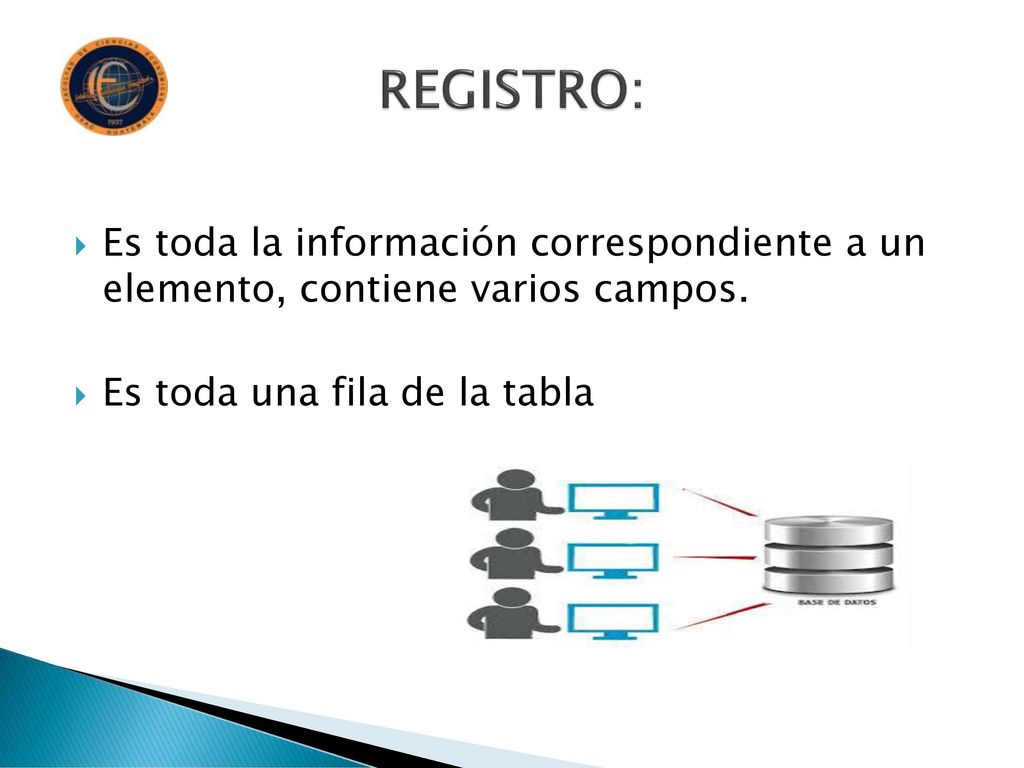 REGISTRO: Es toda la información correspondiente a un elemento, contiene varios campos.
