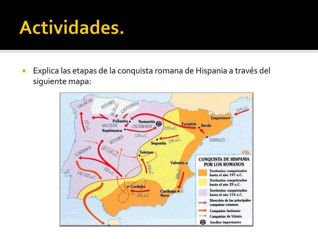 Actividades. Explica las etapas de la conquista romana de Hispania a través del siguiente mapa: