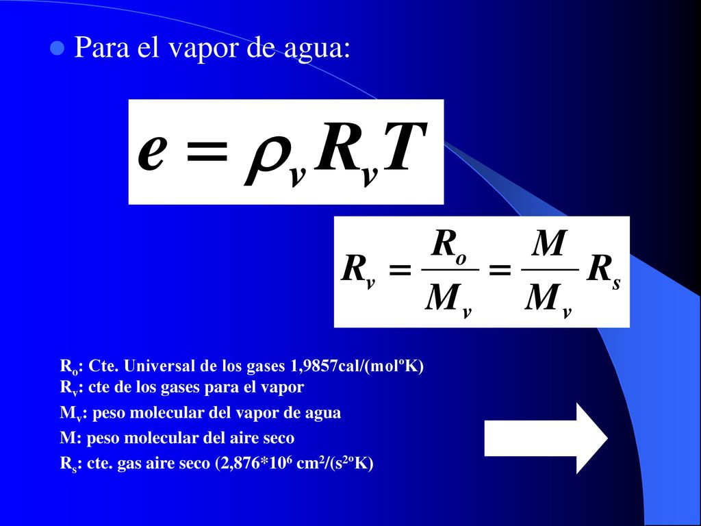 Para el vapor de agua: Ro: Cte. Universal de los gases 1,9857cal/(molºK) Rv: cte de los gases para el vapor.