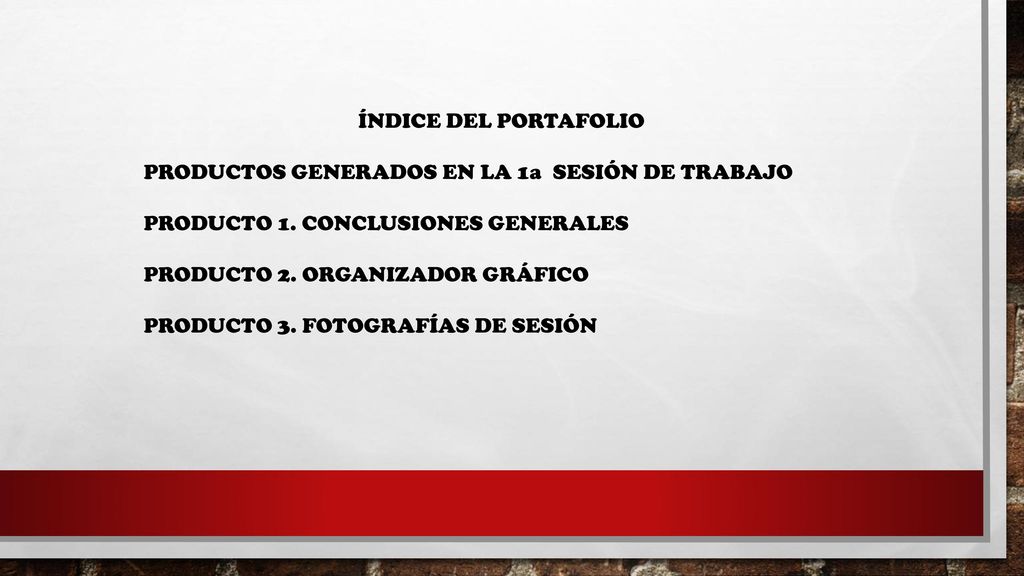 ÍNDICE DEL PORTAFOLIO PRODUCTOS GENERADOS EN LA 1a SESIÓN DE TRABAJO. PRODUCTO 1. CONCLUSIONES GENERALES.