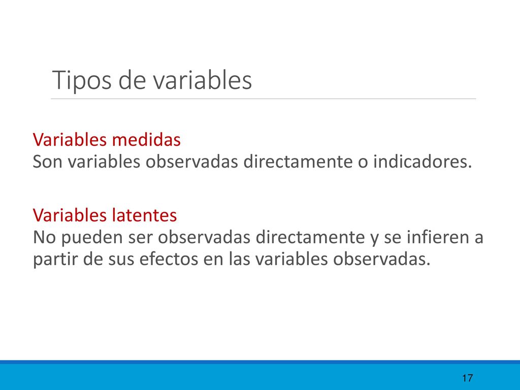Tipos de variables Variables medidas Son variables observadas directamente o indicadores.