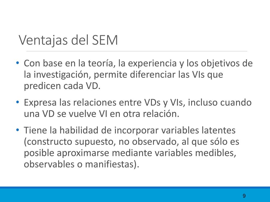 Ventajas del SEM Con base en la teoría, la experiencia y los objetivos de la investigación, permite diferenciar las VIs que predicen cada VD.
