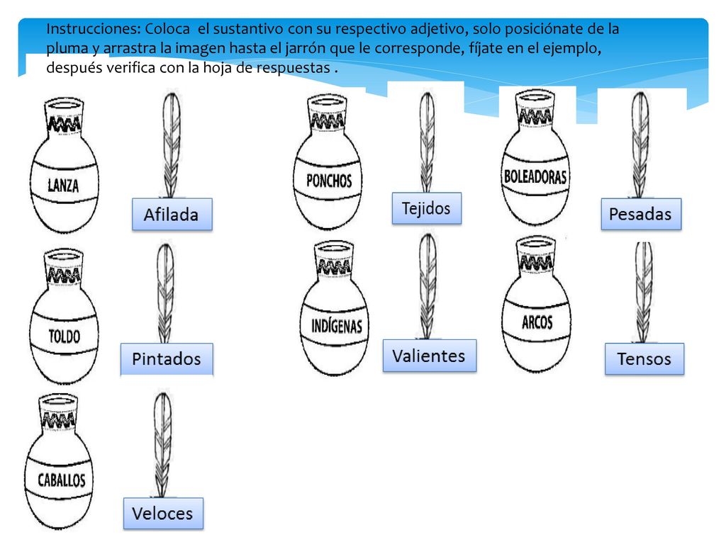Instrucciones: Coloca el sustantivo con su respectivo adjetivo, solo posiciónate de la pluma y arrastra la imagen hasta el jarrón que le corresponde, fíjate en el ejemplo, después verifica con la hoja de respuestas .