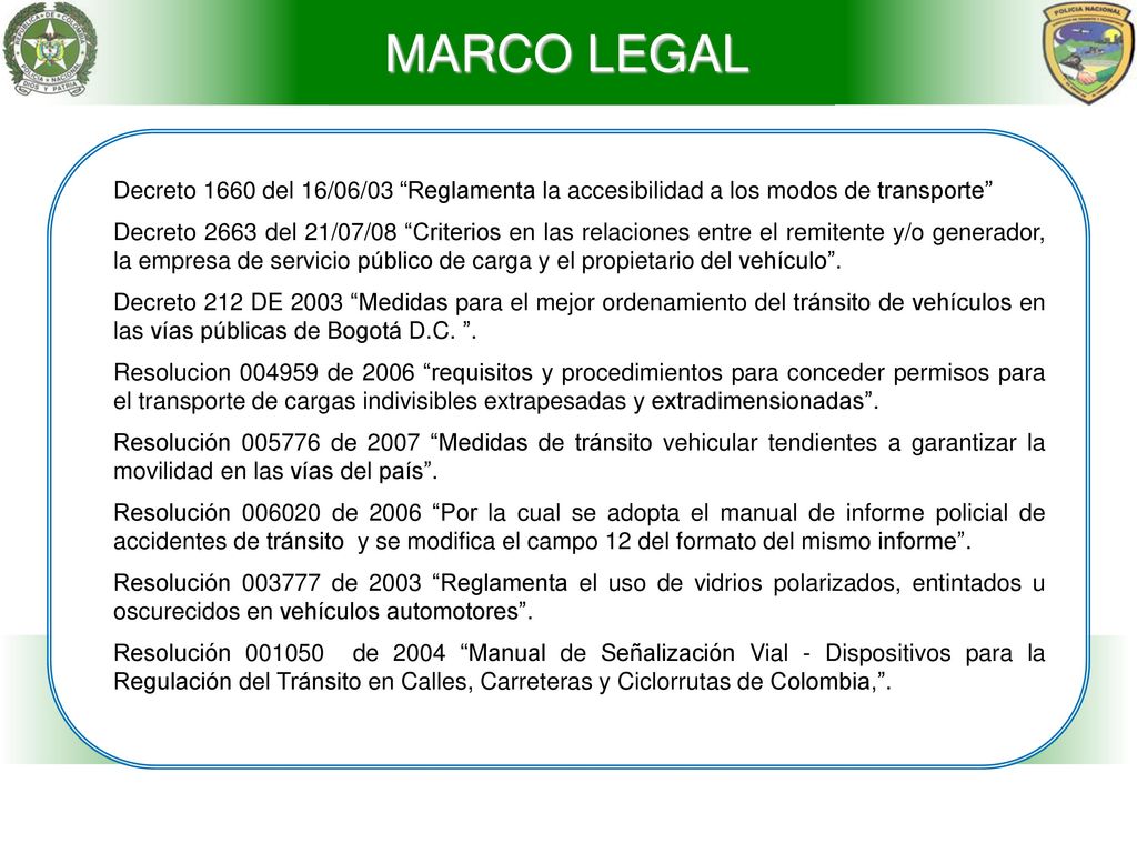 MARCO LEGAL Decreto 1660 del 16/06/03 Reglamenta la accesibilidad a los modos de transporte