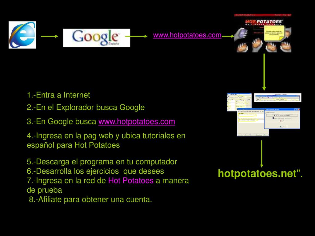hotpotatoes.net . 1.-Entra a Internet 2.-En el Explorador busca Google