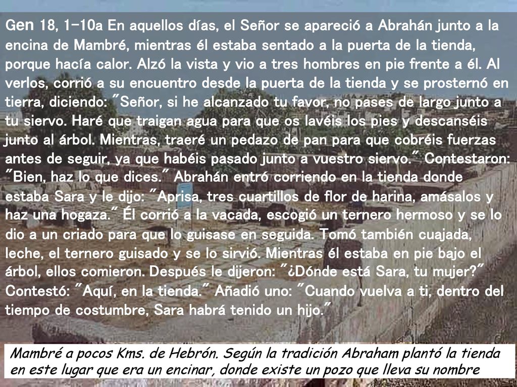 Gen 18, 1-10a En aquellos días, el Señor se apareció a Abrahán junto a la encina de Mambré, mientras él estaba sentado a la puerta de la tienda, porque hacía calor. Alzó la vista y vio a tres hombres en pie frente a él. Al verlos, corrió a su encuentro desde la puerta de la tienda y se prosternó en tierra, diciendo: Señor, si he alcanzado tu favor, no pases de largo junto a tu siervo. Haré que traigan agua para que os lavéis los pies y descanséis junto al árbol. Mientras, traeré un pedazo de pan para que cobréis fuerzas antes de seguir, ya que habéis pasado junto a vuestro siervo. Contestaron: Bien, haz lo que dices. Abrahán entró corriendo en la tienda donde estaba Sara y le dijo: Aprisa, tres cuartillos de flor de harina, amásalos y haz una hogaza. Él corrió a la vacada, escogió un ternero hermoso y se lo dio a un criado para que lo guisase en seguida. Tomó también cuajada, leche, el ternero guisado y se lo sirvió. Mientras él estaba en pie bajo el árbol, ellos comieron. Después le dijeron: ¿Dónde está Sara, tu mujer Contestó: Aquí, en la tienda. Añadió uno: Cuando vuelva a ti, dentro del tiempo de costumbre, Sara habrá tenido un hijo.