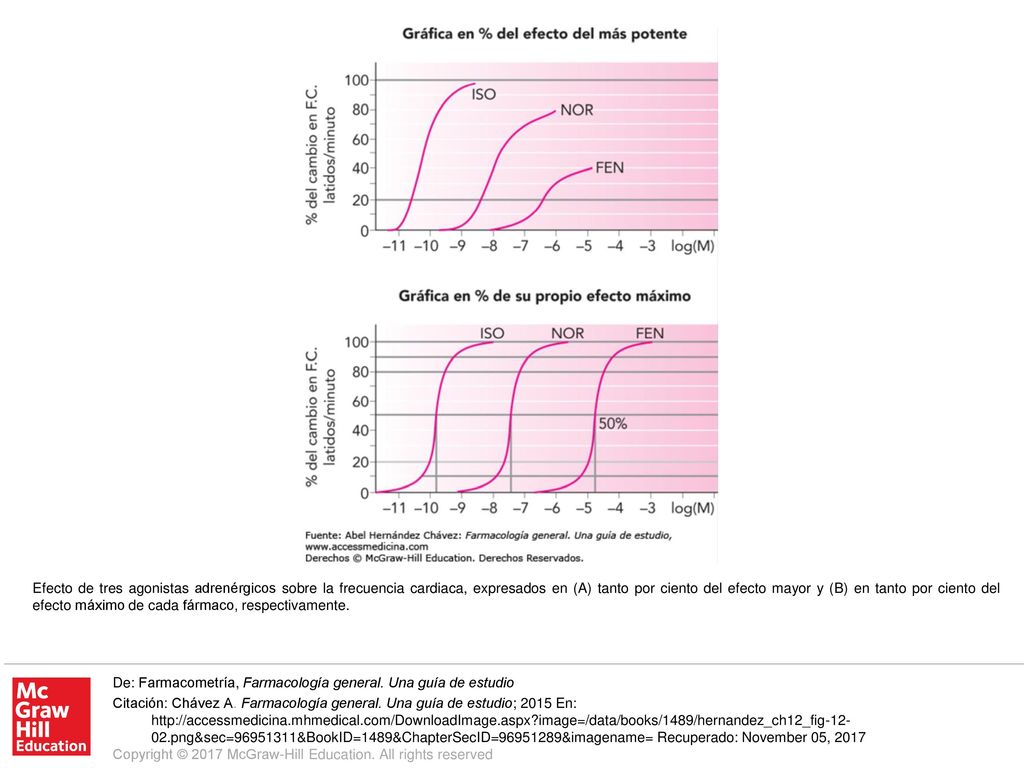 Efecto de tres agonistas adrenérgicos sobre la frecuencia cardiaca, expresados en (A) tanto por ciento del efecto mayor y (B) en tanto por ciento del efecto máximo de cada fármaco, respectivamente.