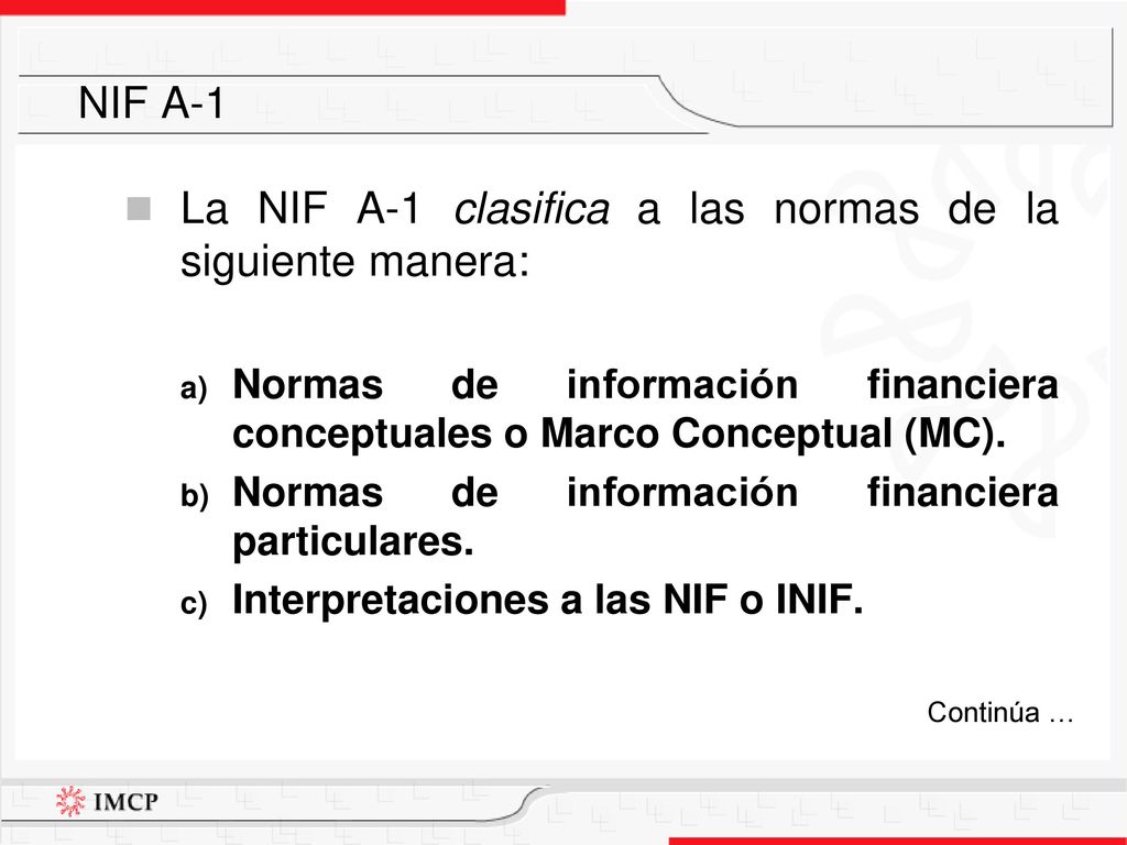 La NIF A-1 clasifica a las normas de la siguiente manera: