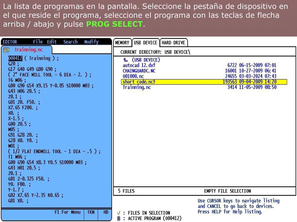 La lista de programas en la pantalla