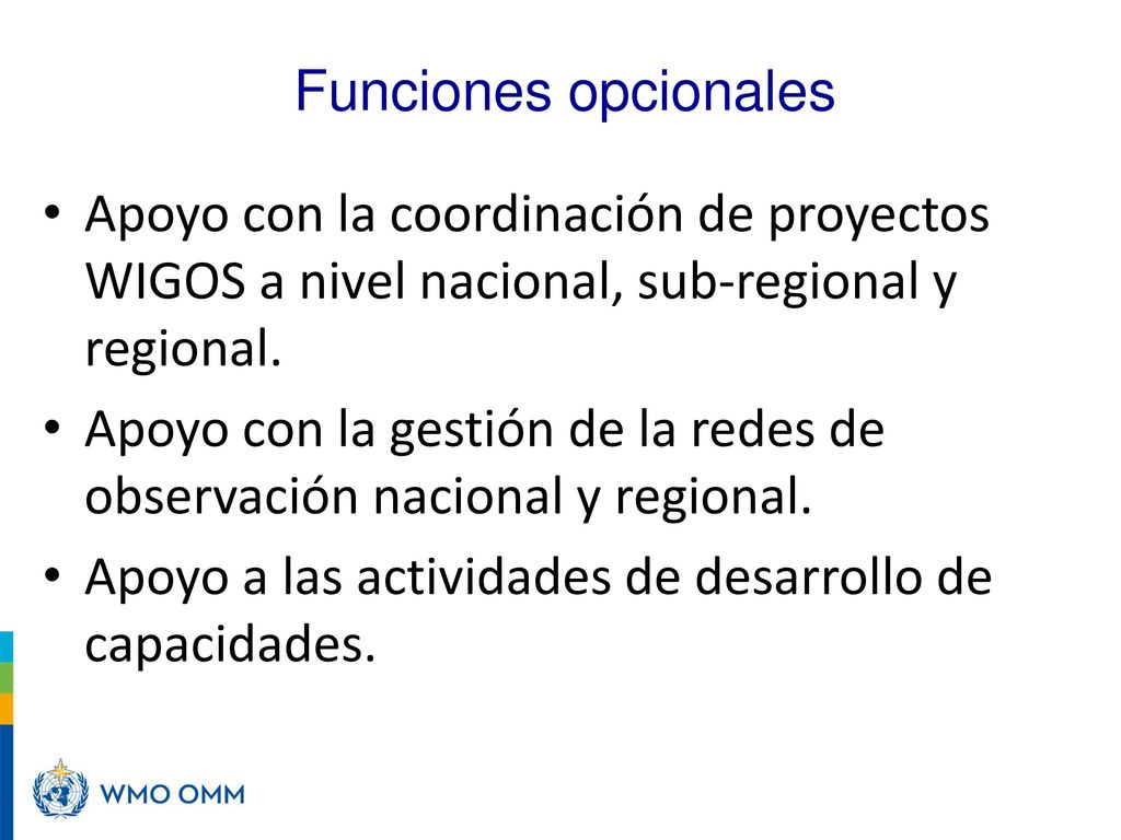 Funciones opcionales Apoyo con la coordinación de proyectos WIGOS a nivel nacional, sub-regional y regional.