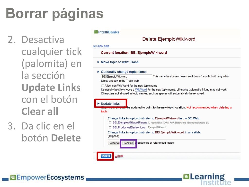 Borrar páginas Desactiva cualquier tick (palomita) en la sección Update Links con el botón Clear all.