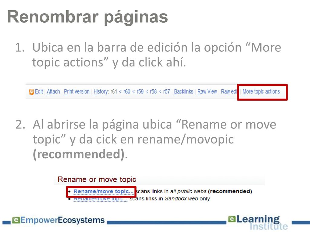 Renombrar páginas Ubica en la barra de edición la opción More topic actions y da click ahí.