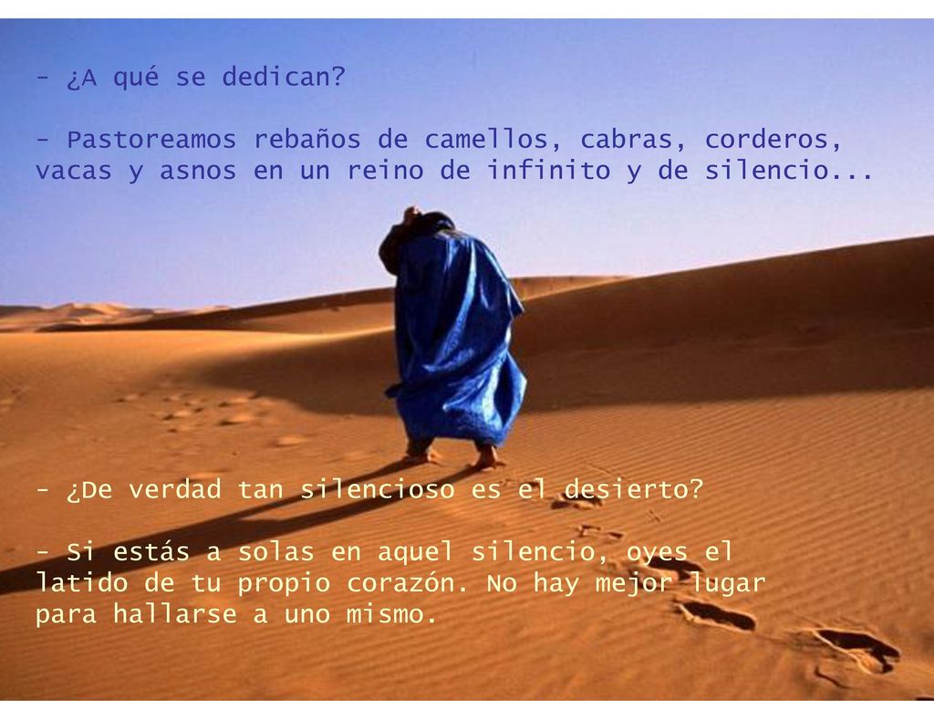 - ¿A qué se dedican - Pastoreamos rebaños de camellos, cabras, corderos, vacas y asnos en un reino de infinito y de silencio...