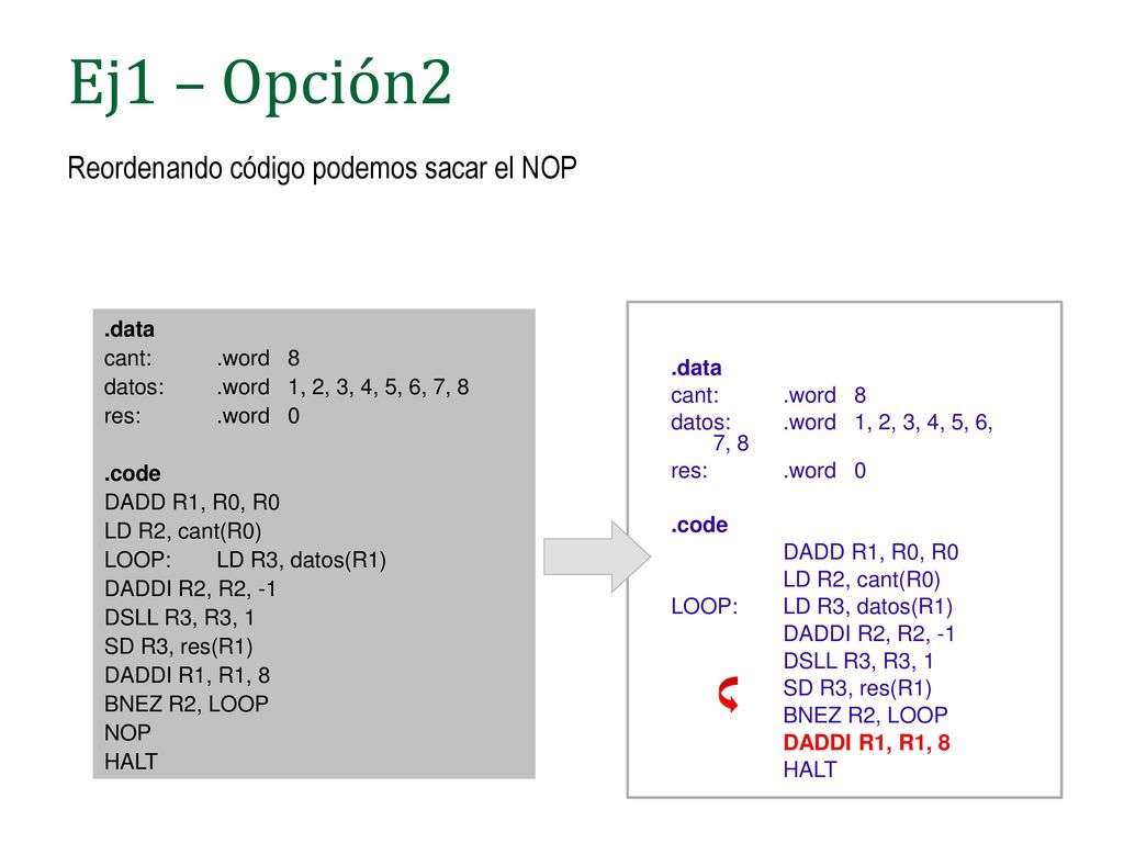 Ej1 – Opción2 Reordenando código podemos sacar el NOP .data