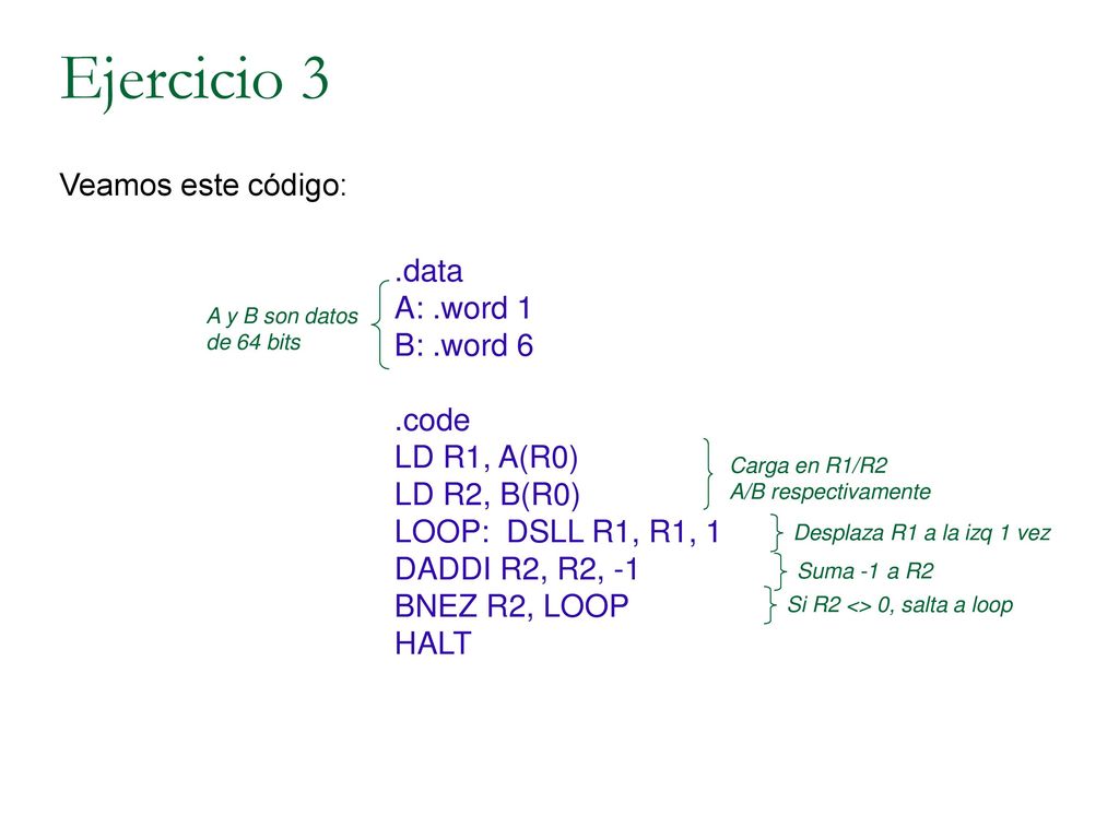 Ejercicio 3 Veamos este código: .data A: .word 1 B: .word 6 .code