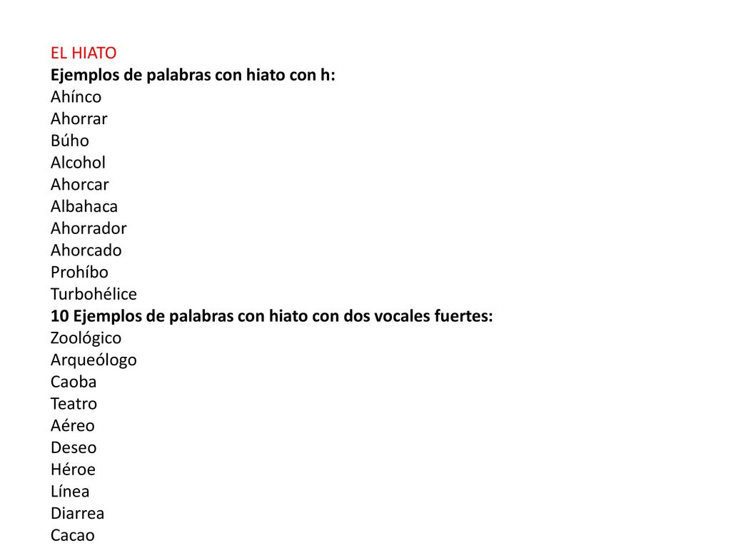 EL HIATO Ejemplos de palabras con hiato con h: Ahínco. Ahorrar. Búho. Alcohol. Ahorcar. Albahaca.