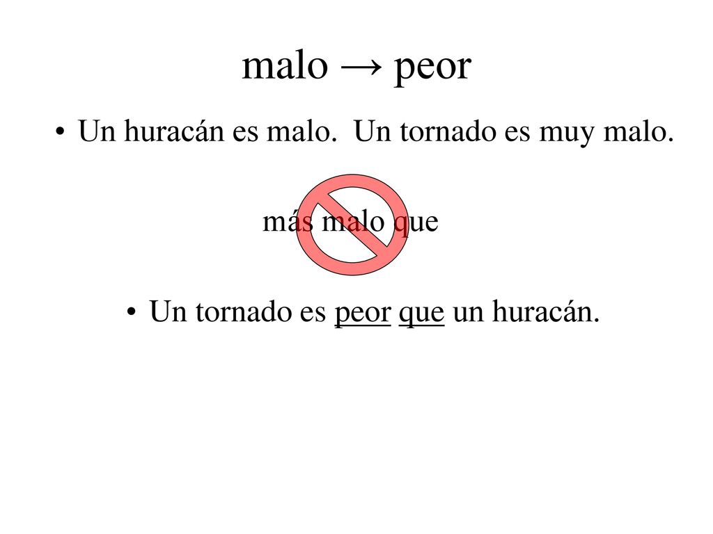 malo → peor Un huracán es malo. Un tornado es muy malo. más malo que