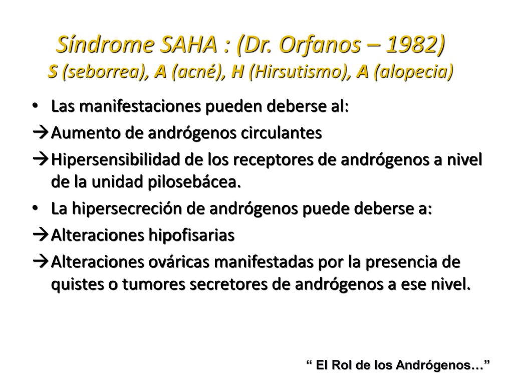 Síndrome SAHA : (Dr. Orfanos – 1982) S (seborrea), A (acné), H (Hirsutismo), A (alopecia)