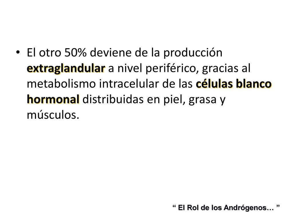 El otro 50% deviene de la producción extraglandular a nivel periférico, gracias al metabolismo intracelular de las células blanco hormonal distribuidas en piel, grasa y músculos.