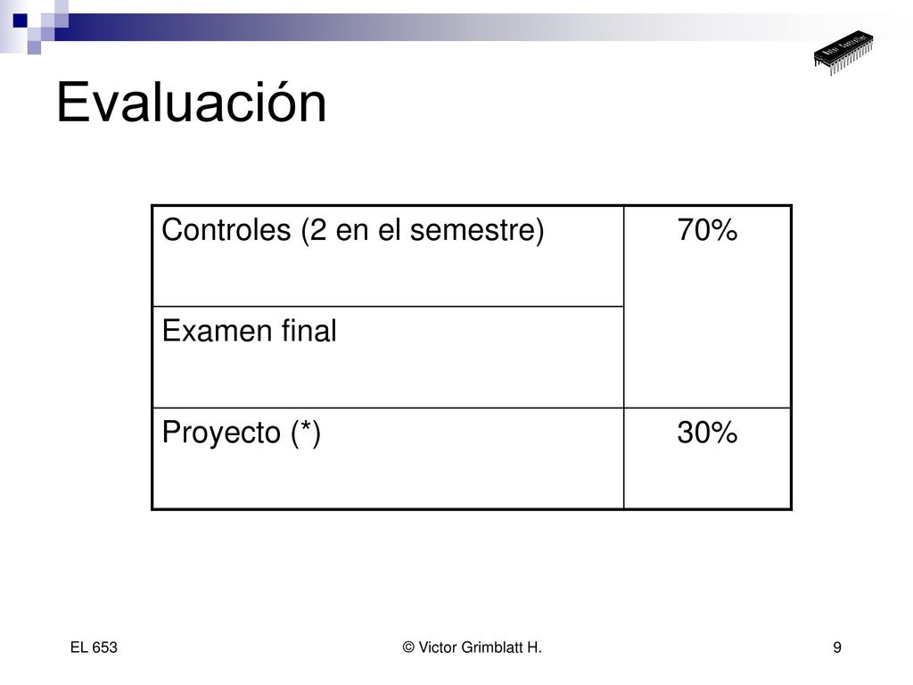 Evaluación Controles (2 en el semestre) 70% Examen final Proyecto (*)