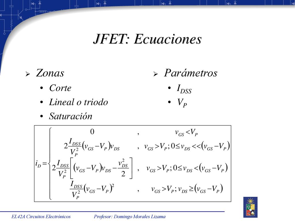JFET: Ecuaciones Zonas Parámetros Corte Lineal o triodo Saturación