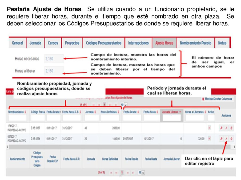 Pestaña Ajuste de Horas Se utiliza cuando a un funcionario propietario, se le requiere liberar horas, durante el tiempo que esté nombrado en otra plaza.