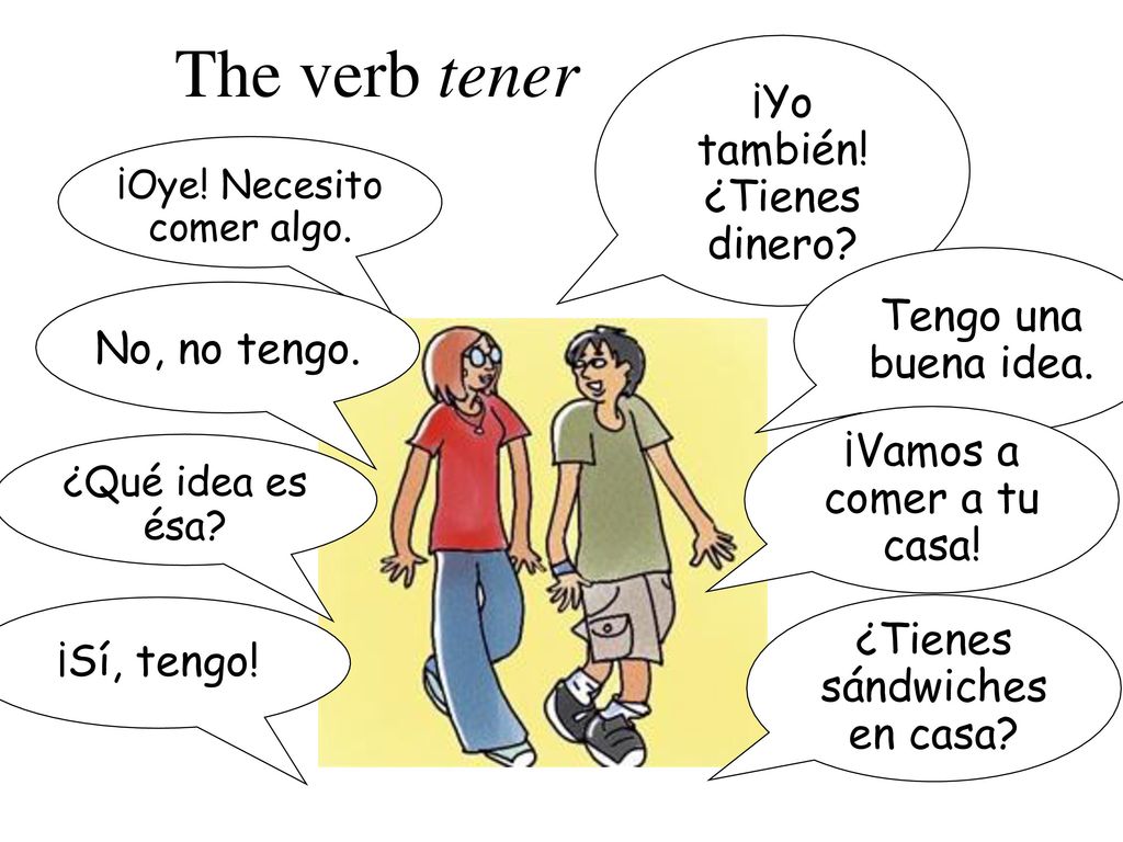 The verb tener ¡Yo también! ¿Tienes dinero Tengo una buena idea.