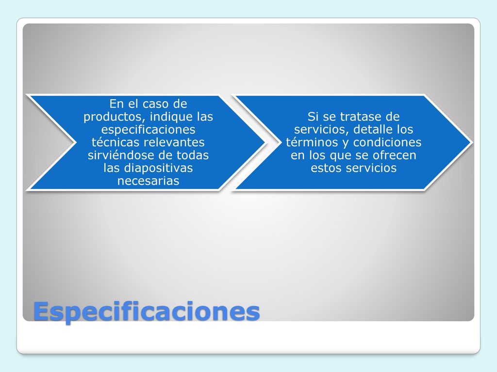 05/07/2018 En el caso de productos, indique las especificaciones técnicas relevantes sirviéndose de todas las diapositivas necesarias.