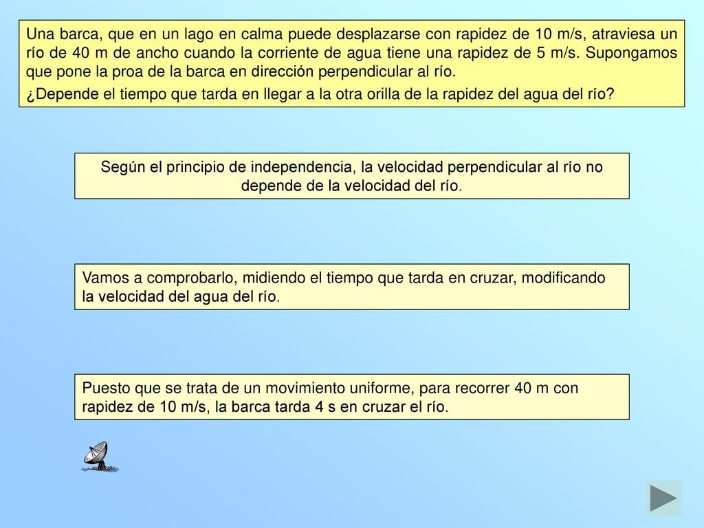 Una barca, que en un lago en calma puede desplazarse con rapidez de 10 m/s, atraviesa un río de 40 m de ancho cuando la corriente de agua tiene una rapidez de 5 m/s. Supongamos que pone la proa de la barca en dirección perpendicular al río.