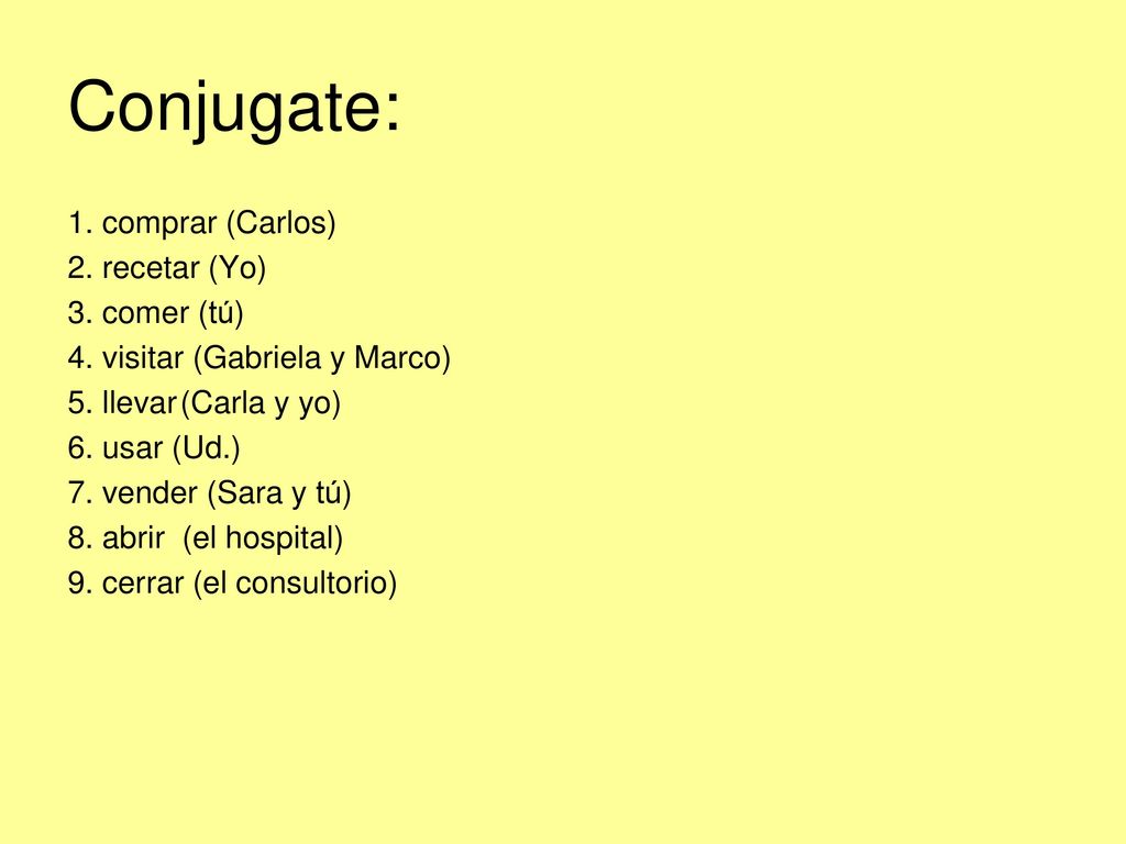 Conjugate: 1. comprar (Carlos) 2. recetar (Yo) 3. comer (tú)