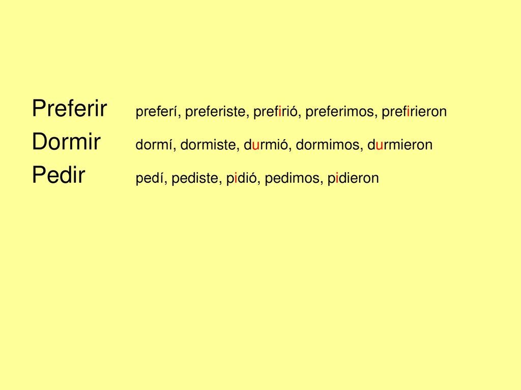 Preferir preferí, preferiste, prefirió, preferimos, prefirieron Dormir dormí, dormiste, durmió, dormimos, durmieron Pedir pedí, pediste, pidió, pedimos, pidieron