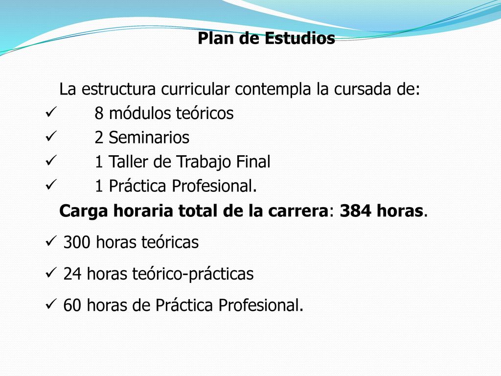 Plan de Estudios La estructura curricular contempla la cursada de: 8 módulos teóricos. 2 Seminarios.