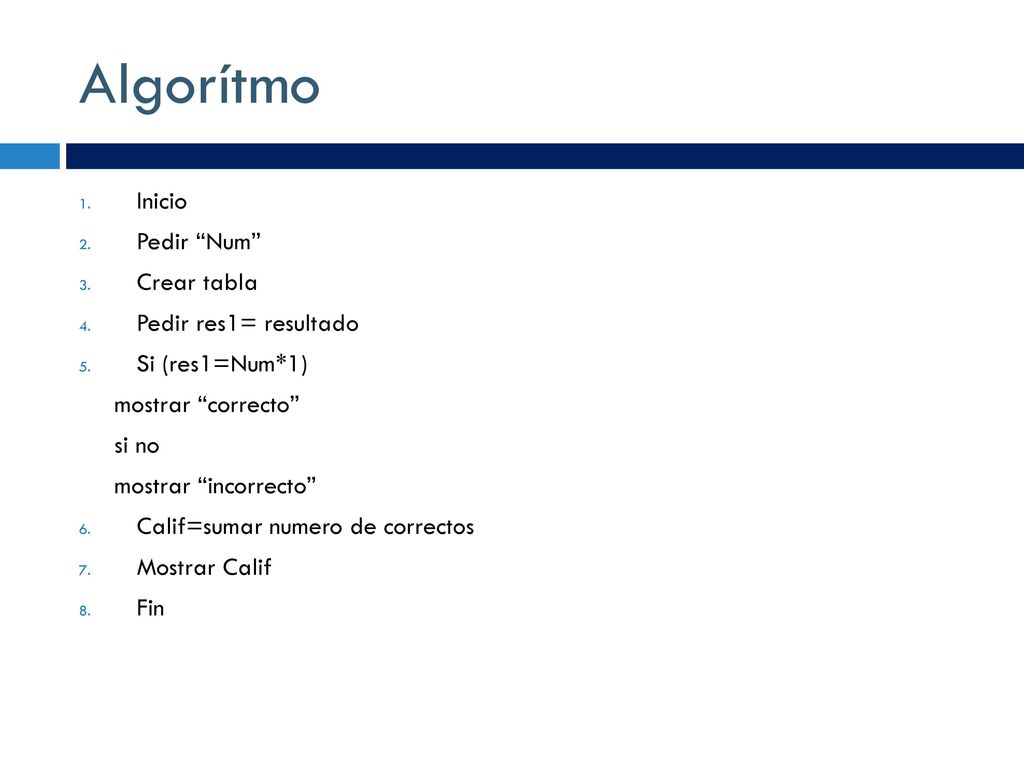 Algorítmo Inicio Pedir Num Crear tabla Pedir res1= resultado