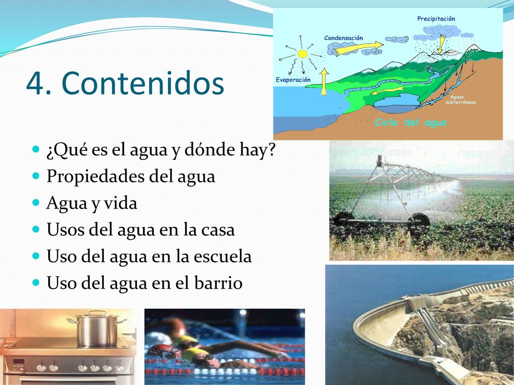 4. Contenidos ¿Qué es el agua y dónde hay Propiedades del agua