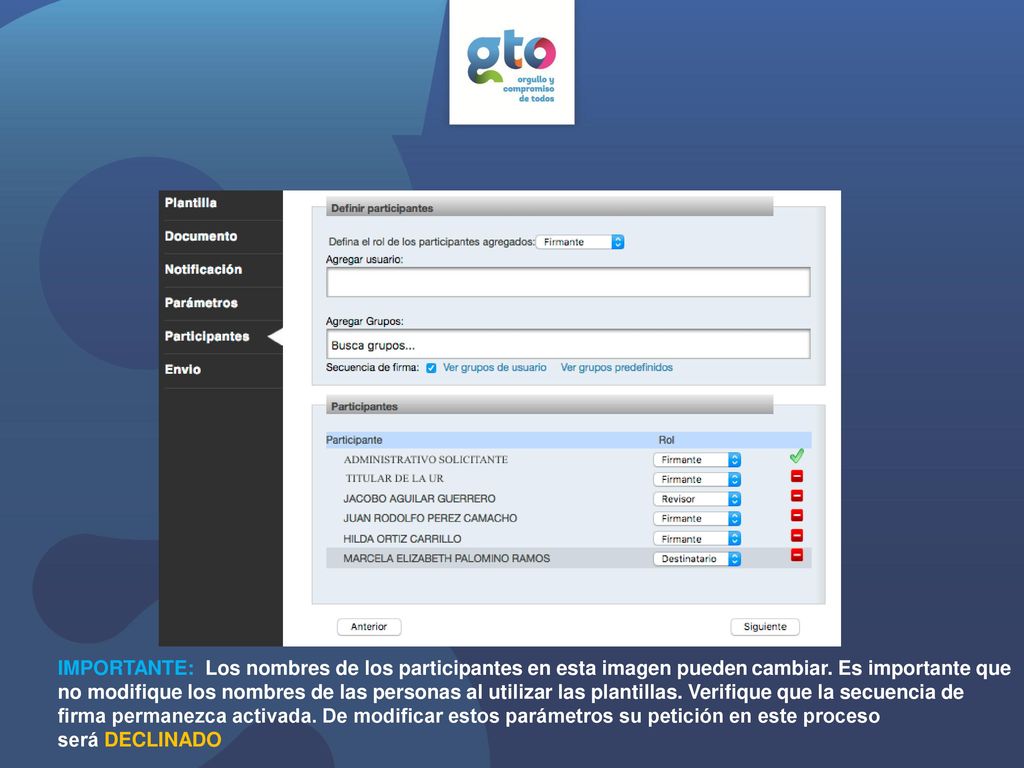 IMPORTANTE: Los nombres de los participantes en esta imagen pueden cambiar. Es importante que no modifique los nombres de las personas al utilizar las plantillas.