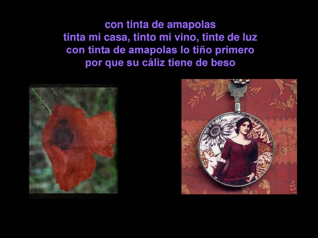 con tinta de amapolas tinta mi casa, tinto mi vino, tinte de luz con tinta de amapolas lo tiño primero por que su cáliz tiene de beso