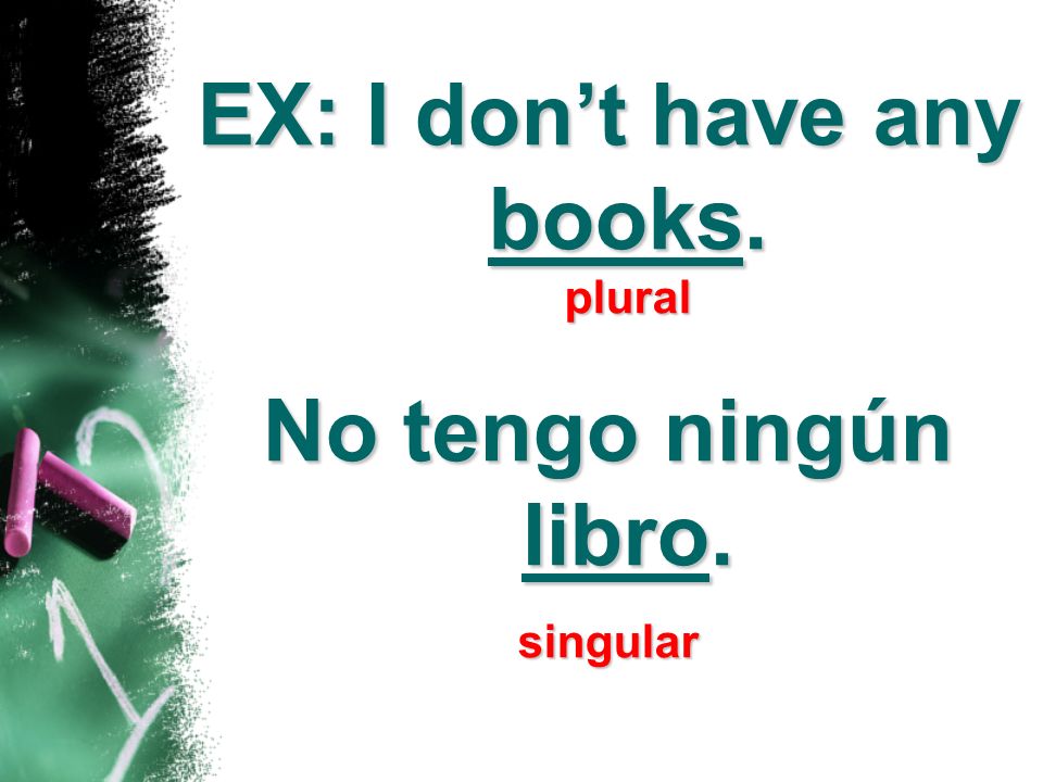 EX: I don’t have any books. plural