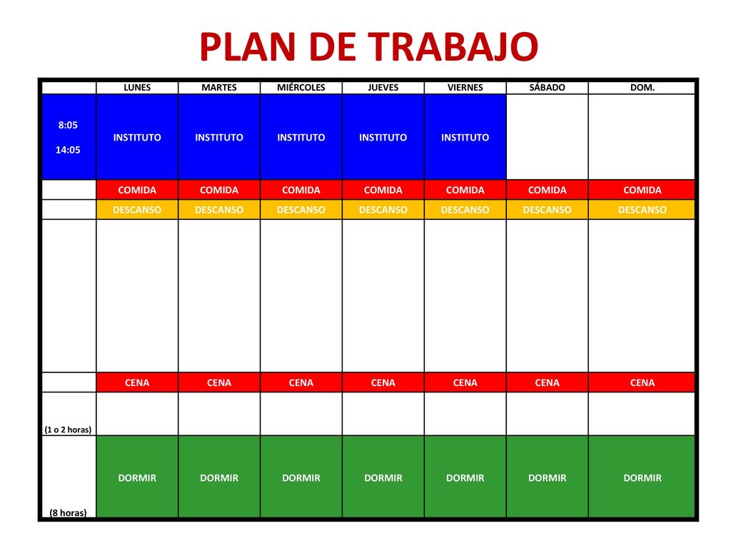 PLAN DE TRABAJO LUNES MARTES MIÉRCOLES JUEVES VIERNES SÁBADO DOM. 8:05