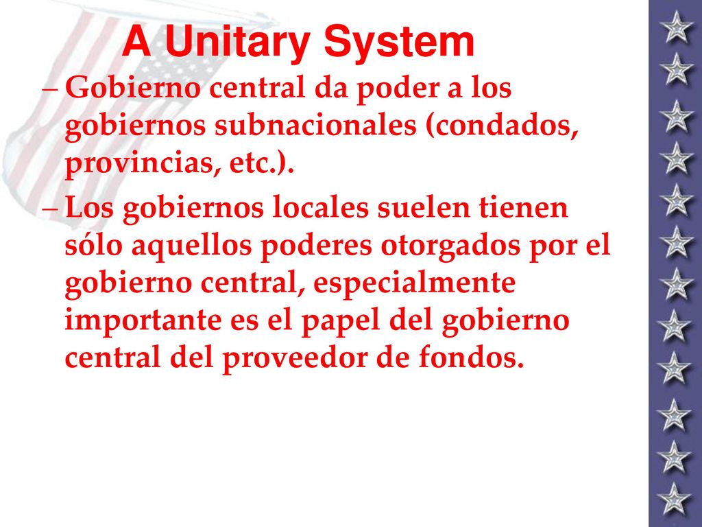 A Unitary System Gobierno central da poder a los gobiernos subnacionales (condados, provincias, etc.).