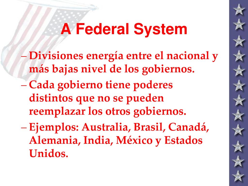 A Federal System Divisiones energía entre el nacional y más bajas nivel de los gobiernos.