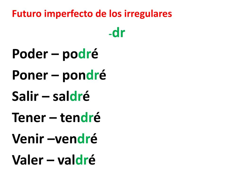 Poder – podré Poner – pondré Salir – saldré Tener – tendré