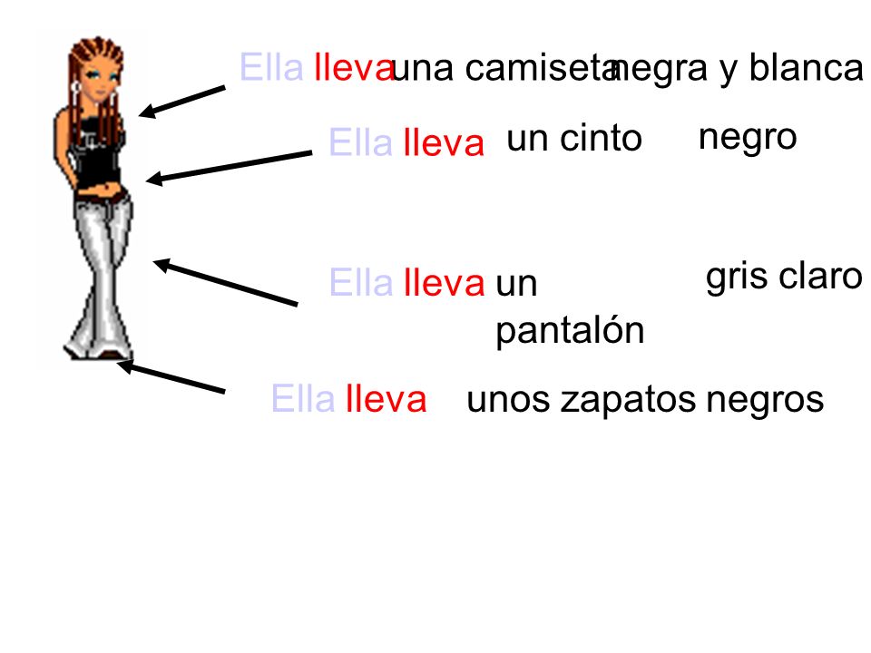 Ella lleva una camiseta. negra y blanca. un cinto. negro. Ella lleva. gris claro. Ella lleva.