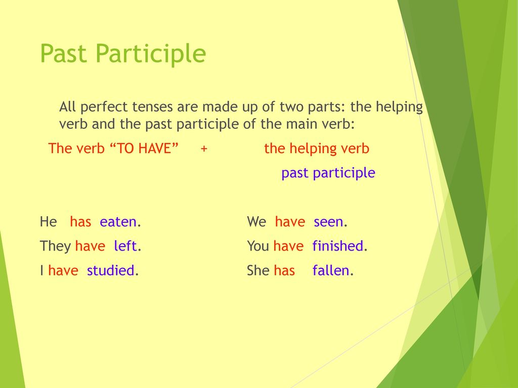 Past Participle The verb TO HAVE + the helping verb past participle
