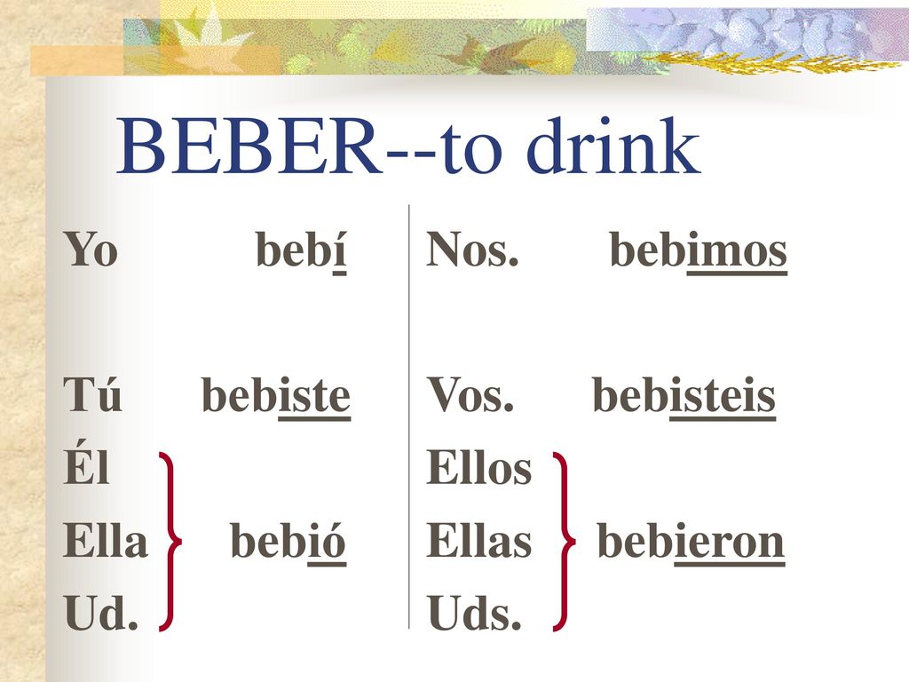 BEBER--to drink Yo bebí Tú bebiste Él Ella bebió Ud. Nos. bebimos