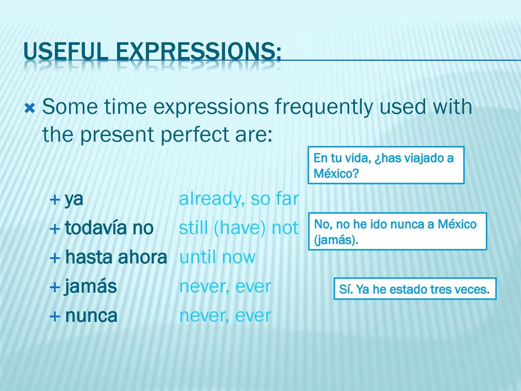 Useful Expressions: Some time expressions frequently used with the present perfect are: ya already, so far.