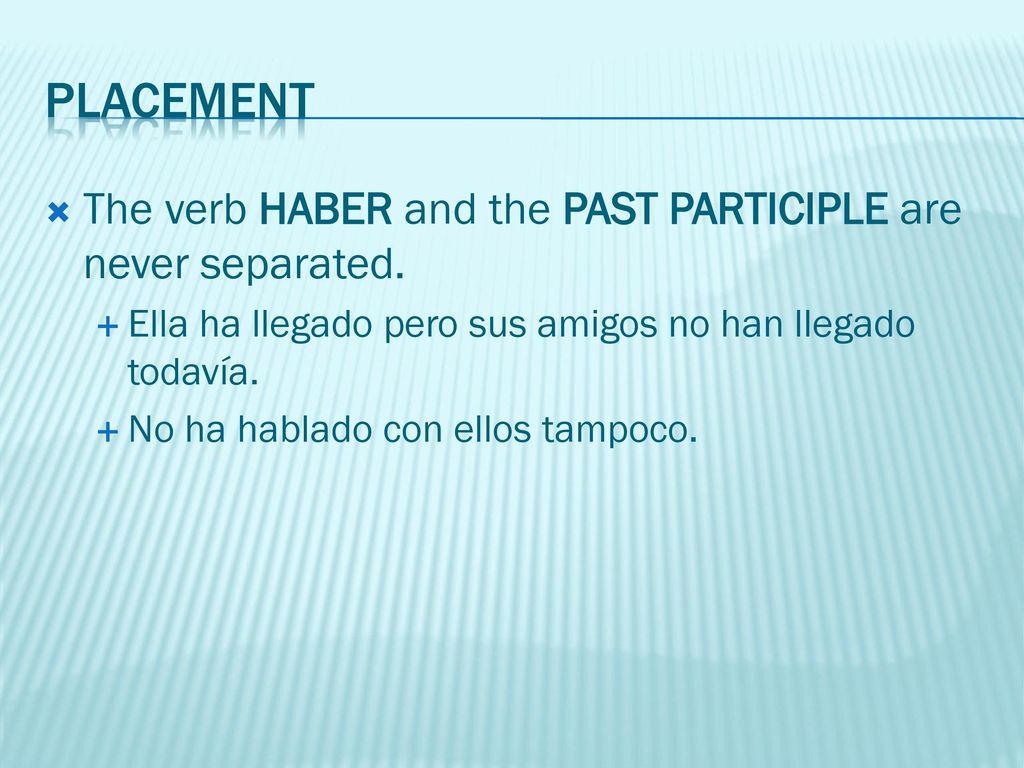 Placement The verb HABER and the PAST PARTICIPLE are never separated.