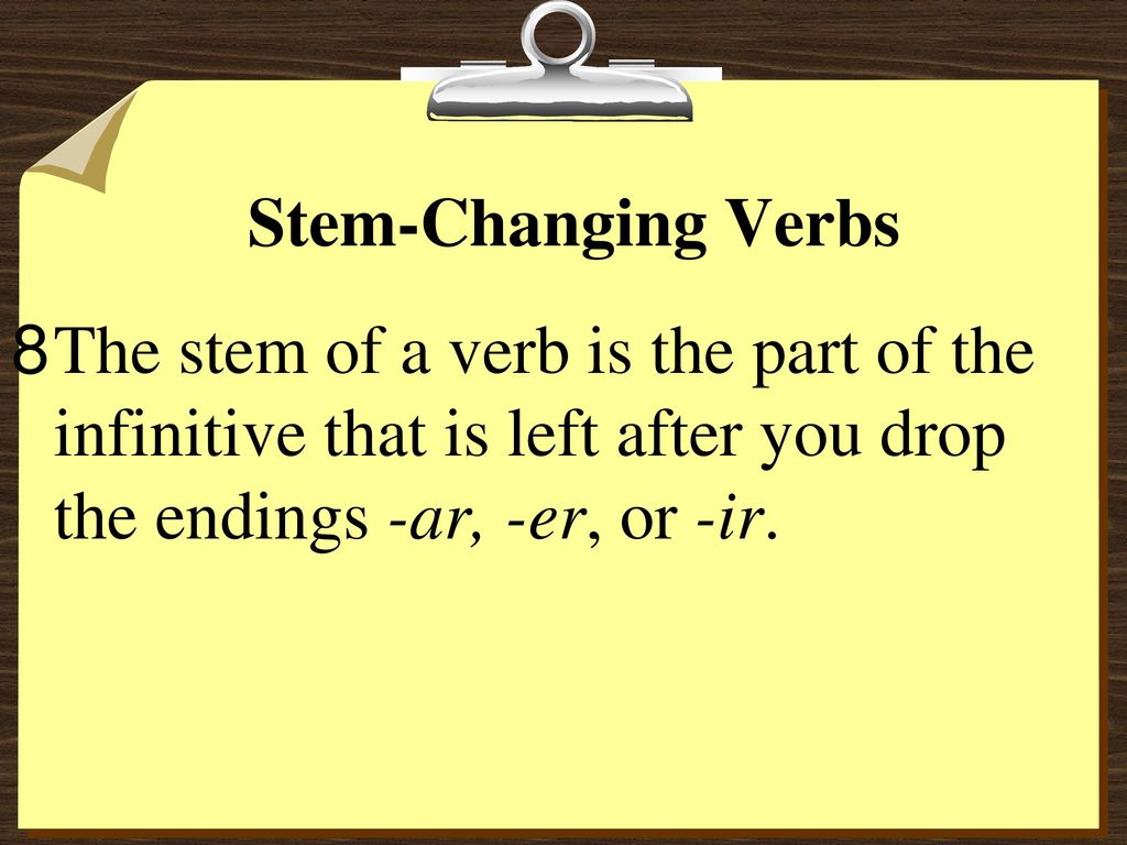Stem-Changing Verbs The stem of a verb is the part of the infinitive that is left after you drop the endings -ar, -er, or -ir.