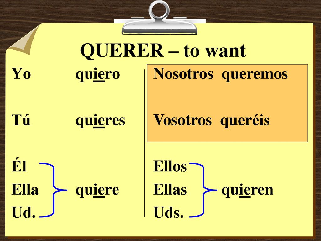 QUERER – to want Yo quiero Tú quieres Él Ella quiere Ud.